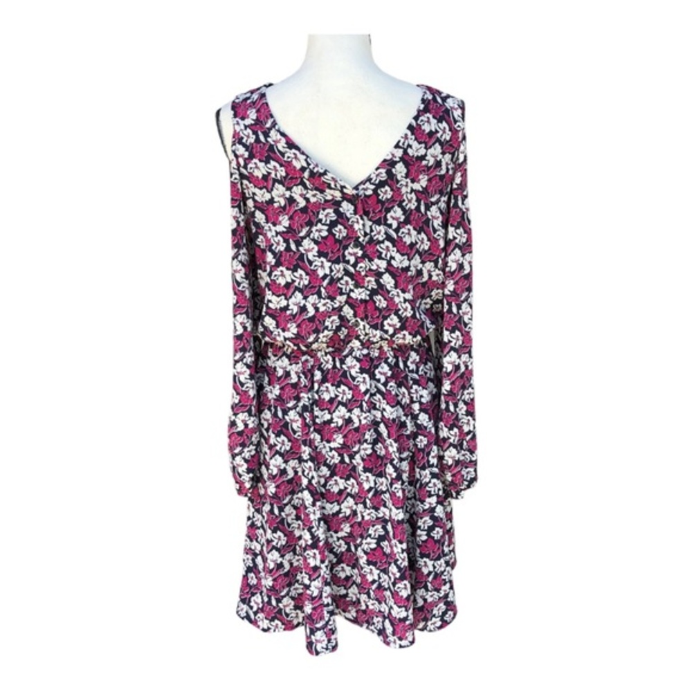 Banana Republic 4 Navy Blue Pink Dress Cold‎ Shoulder long sleeve Flare Career